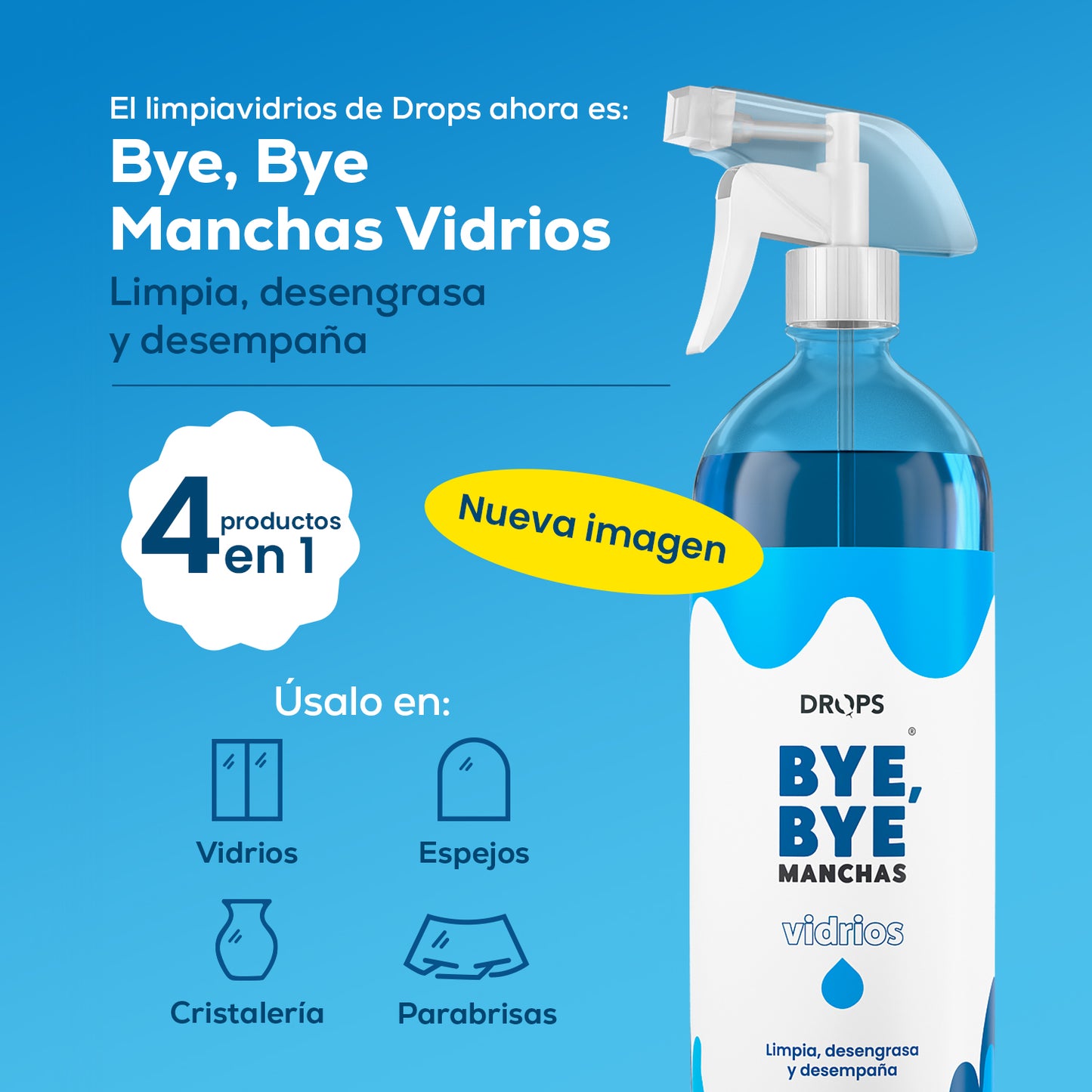 Bye Bye Manchas, Limpia Vidrios Desengrasante 1L