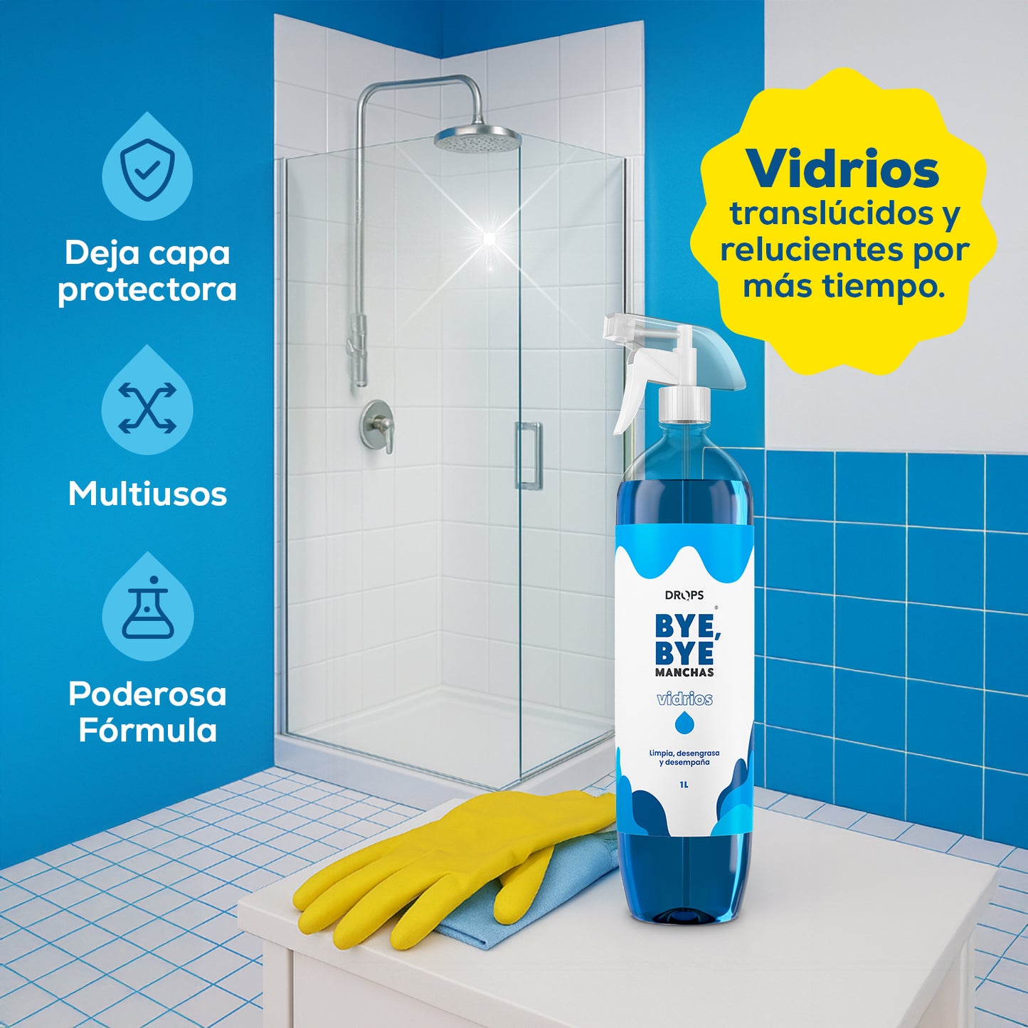 Bye Bye Manchas, Limpia Vidrios Desengrasante 1L