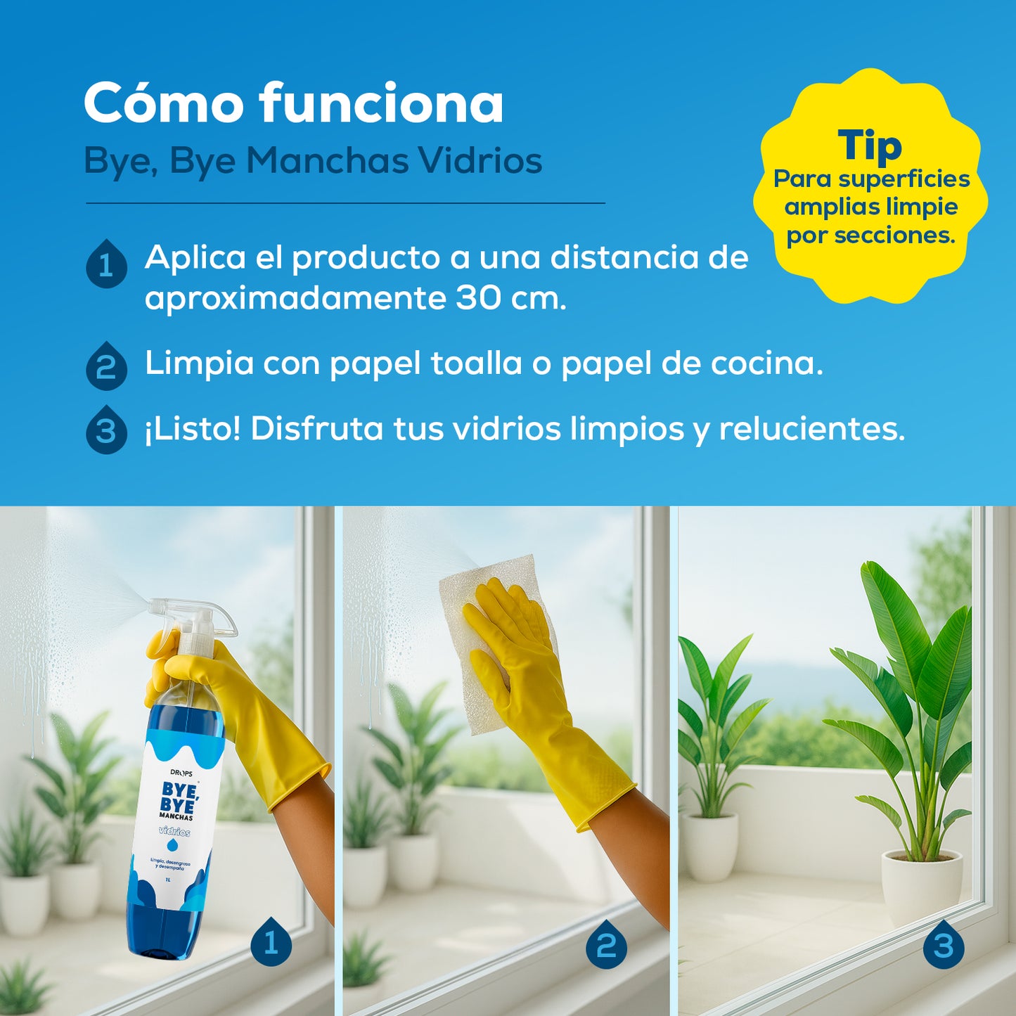Bye Bye Manchas, Limpia Vidrios Desengrasante 1L