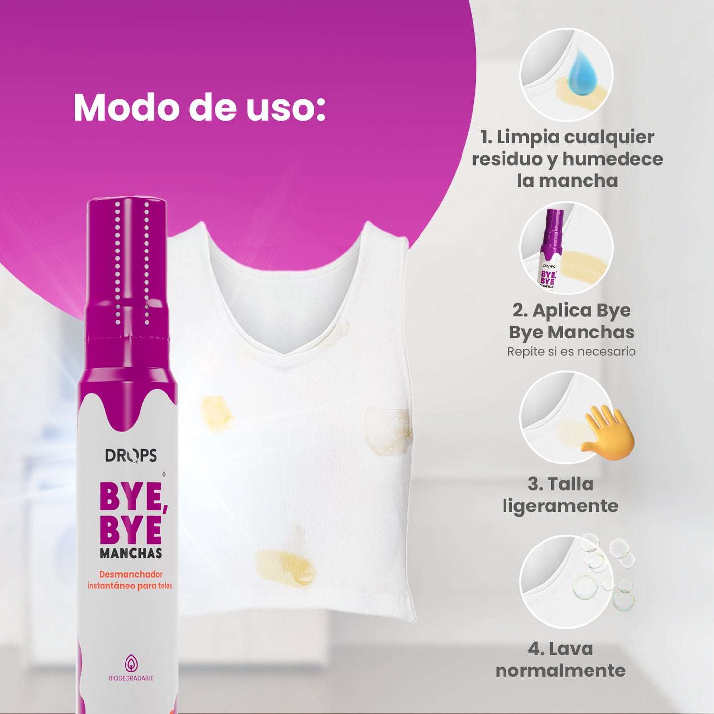 Kit Drops - Desengrasante Multipropósito + 2 Quitamanchas BYE BYE 50 mL