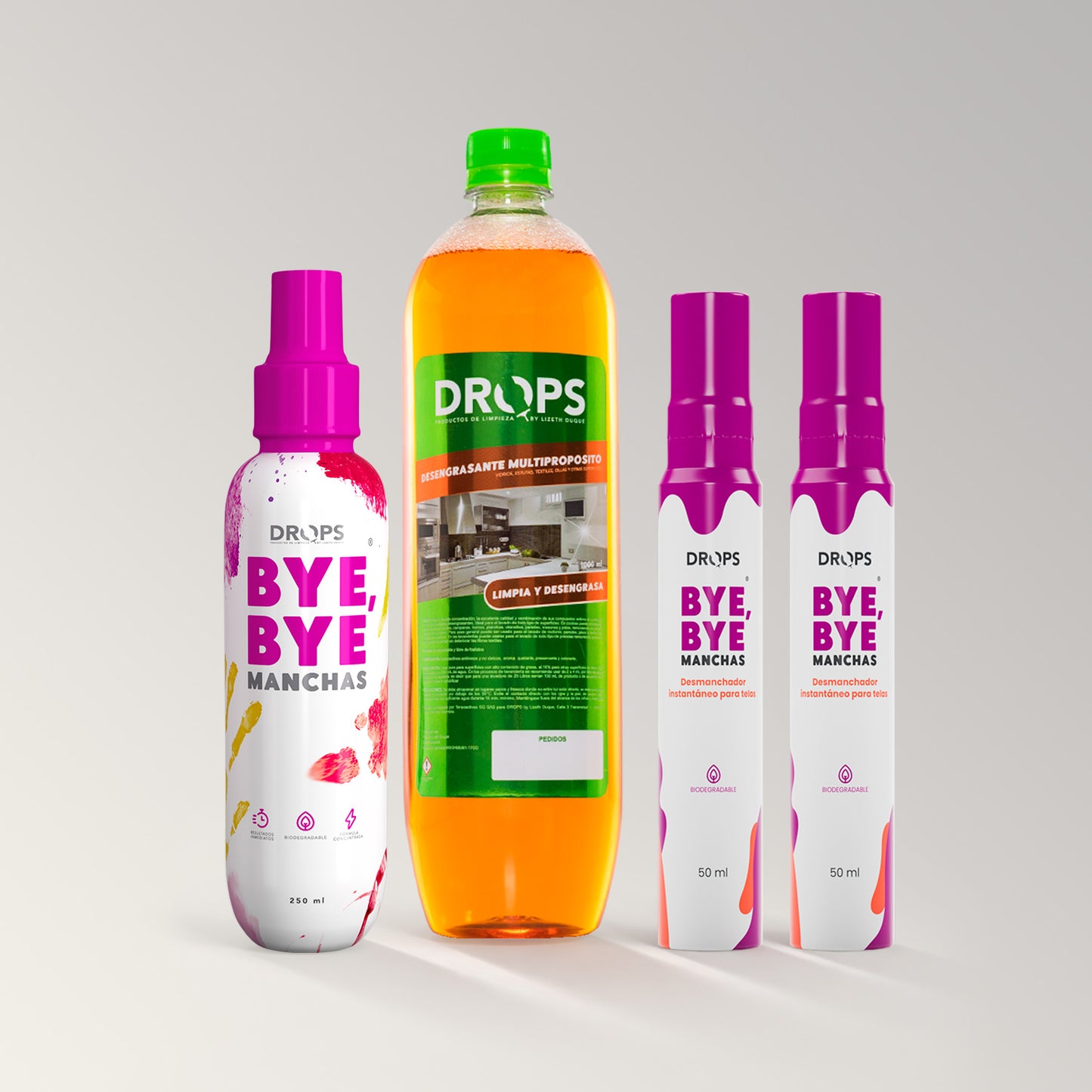 Kit Drops - Desengrasante Multipropósito + Quitamanchas BYE BYE 250mL + 2 Quitamanchas BYE BYE 50 mL