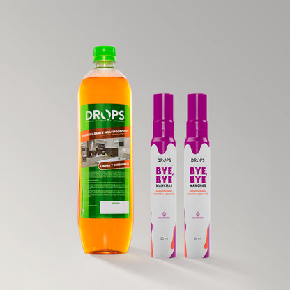 Kit Drops - Desengrasante Multipropósito + 2 Quitamanchas BYE BYE 50 mL